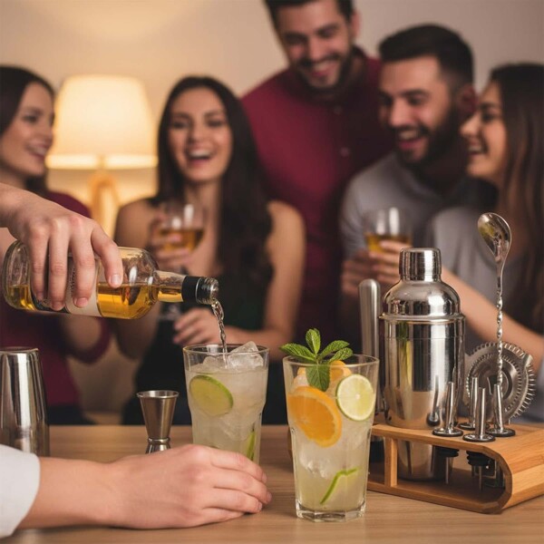 Set de Coctelería Kit 12 pcs Acero Inoxidable C/ Base Madera Plateado