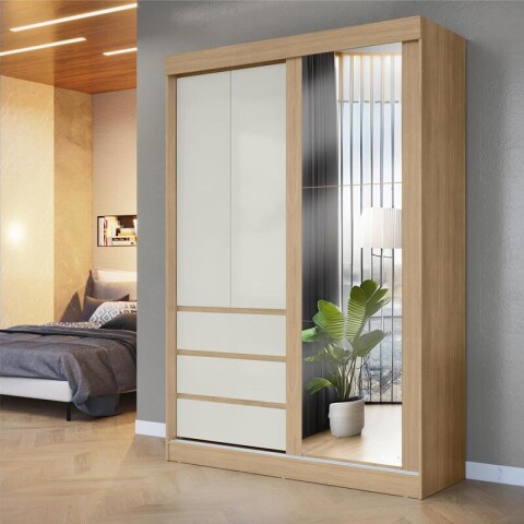 Ropero Armario Bagdá Puertas Mixtas 2 Batientes y 1 Corrediza 3 Cajones Estantería y Espejo - Castaño Off White Ropero Armario Bagdá Puertas Mixtas 2 Batientes y 1 Corrediza 3 Cajones Estantería y Espejo - Castaño Off White