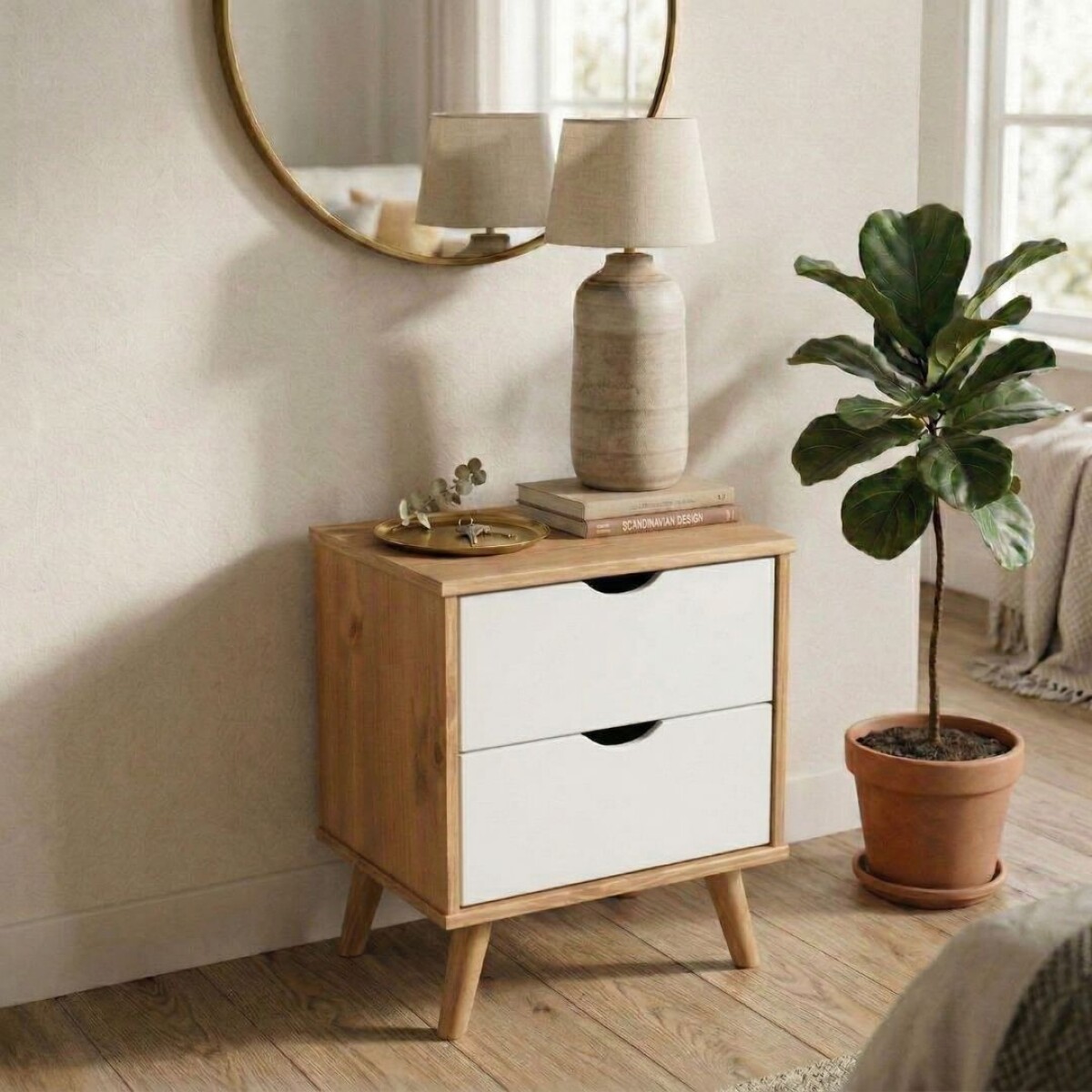 Mesa De Luz Madera Maciza Nordica 2 Cajones - Linea Dublin - Blanca 