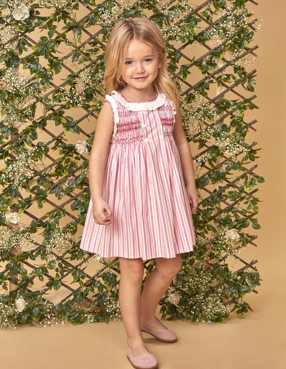 Vestido De Rayas Con Nido De Abeja Y Volante - Rosa 