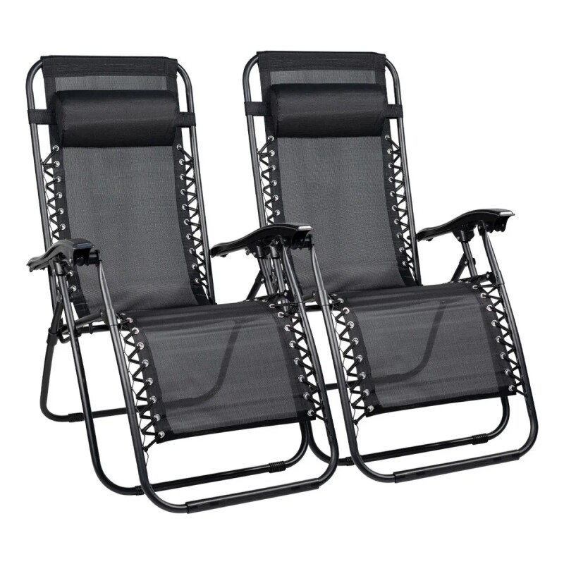 Set x2 Reposera Silla Playa Alta Plegable Gravedad Cero Reclinable Negro NEGRO