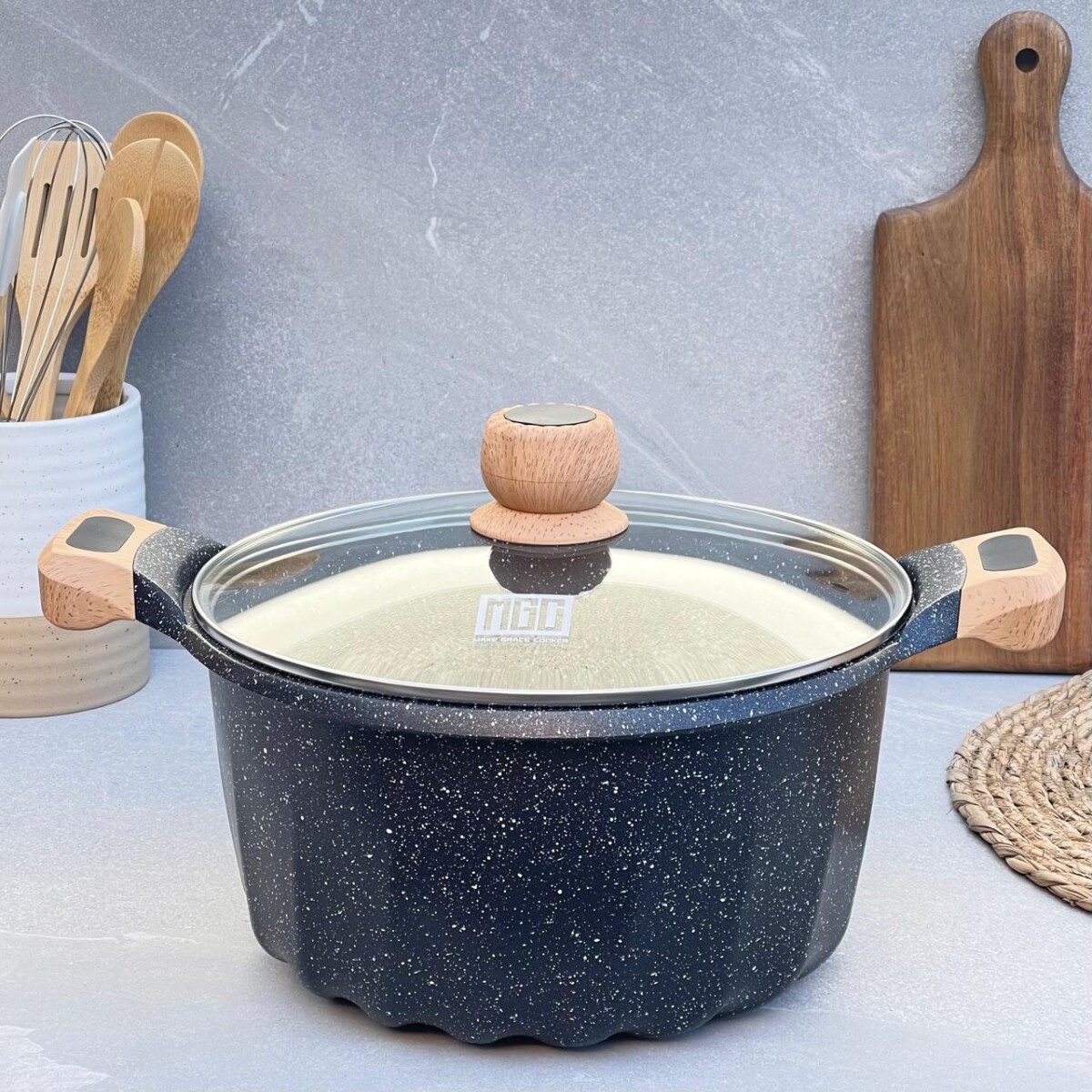 Olla Aluminio Fundido Presión Revestimiento Granito Tapa Vidrio 24cm 