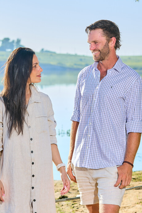 Camisa de Hombre Premium Cuello s/Botones Cuadros Azul y Rosa