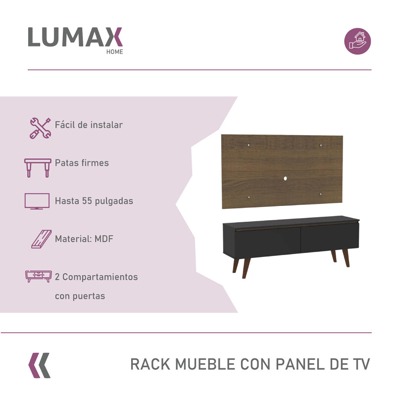 Rack TV mueble Lumax + panel rústico con estantes 55” Negro/Marron