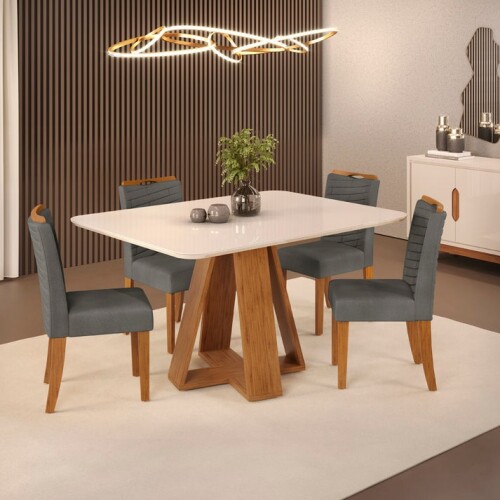Juego De Comedor - 4 Sillas + Mesa Tapa De Vidrio - Celeste Gris Beige