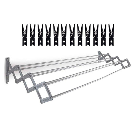 Set Mor Tendedero de Pared Plegable 8.4Mt Ropa + 12 Palillos Plateado