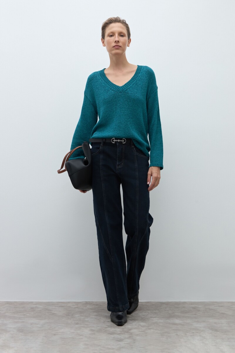 Sweater cinta escote V verde petroleo