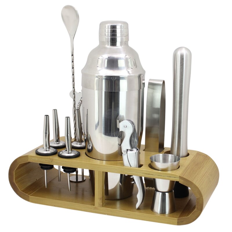 Set de Coctelería 12 Piezas Acero base de Madera Set de Coctelería 12 Piezas Acero base de Madera