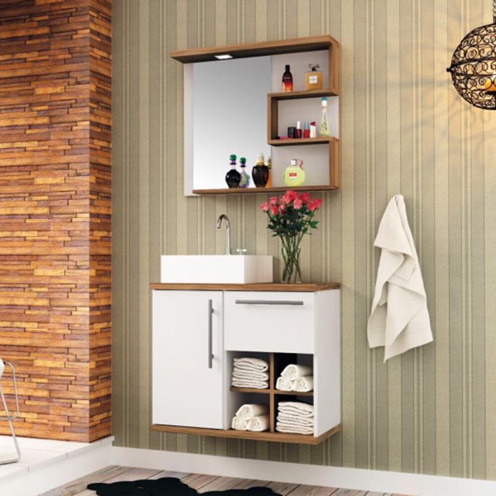 CONJUNTO MUEBLE DE BAÑO MODELO VENEZA BLANCO CON NOGAL / MUEBLE DE COLGAR + ESPEJO + BACHA / 70CM Conjunto Mueble De Baño Modelo Veneza Blanco Con Nogal / Mueble De Colgar + Espejo + Bacha / 70cm