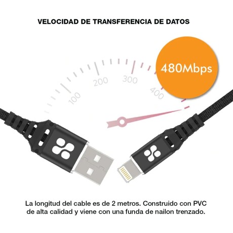 Cable para Iphone Datos y Carga Rápida 2Mt Promate NerveLink-i2 Negro