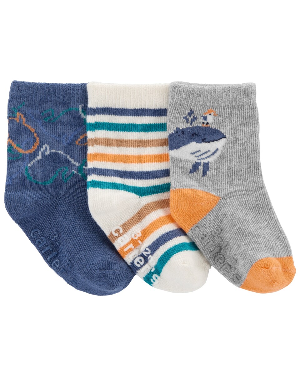 Pack tres pares de medias de algodón, antideslizantes, diseño ballena 