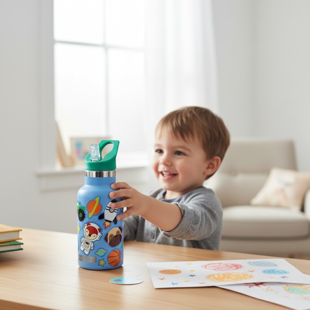 Botella acero inoxidable con sorbito y stickers skip hop celeste