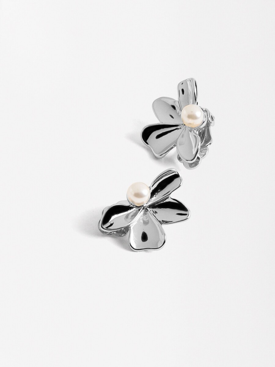 Pendientes Media Flor Con Perla plateado
