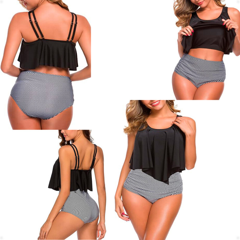 Malla Bikini de Dos Piezas De Tiro Alto Top Volado Malla Bikini de Dos Piezas De Tiro Alto Top Volado