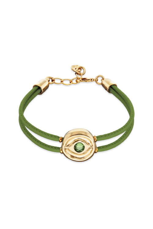 PULSERA DE CUERO DOBLE VERDE CON DETALLE DE OJO EN ALEACIÓN DE METALES BAÑADO EN ORO 18K Y CRISTAL Pulsera