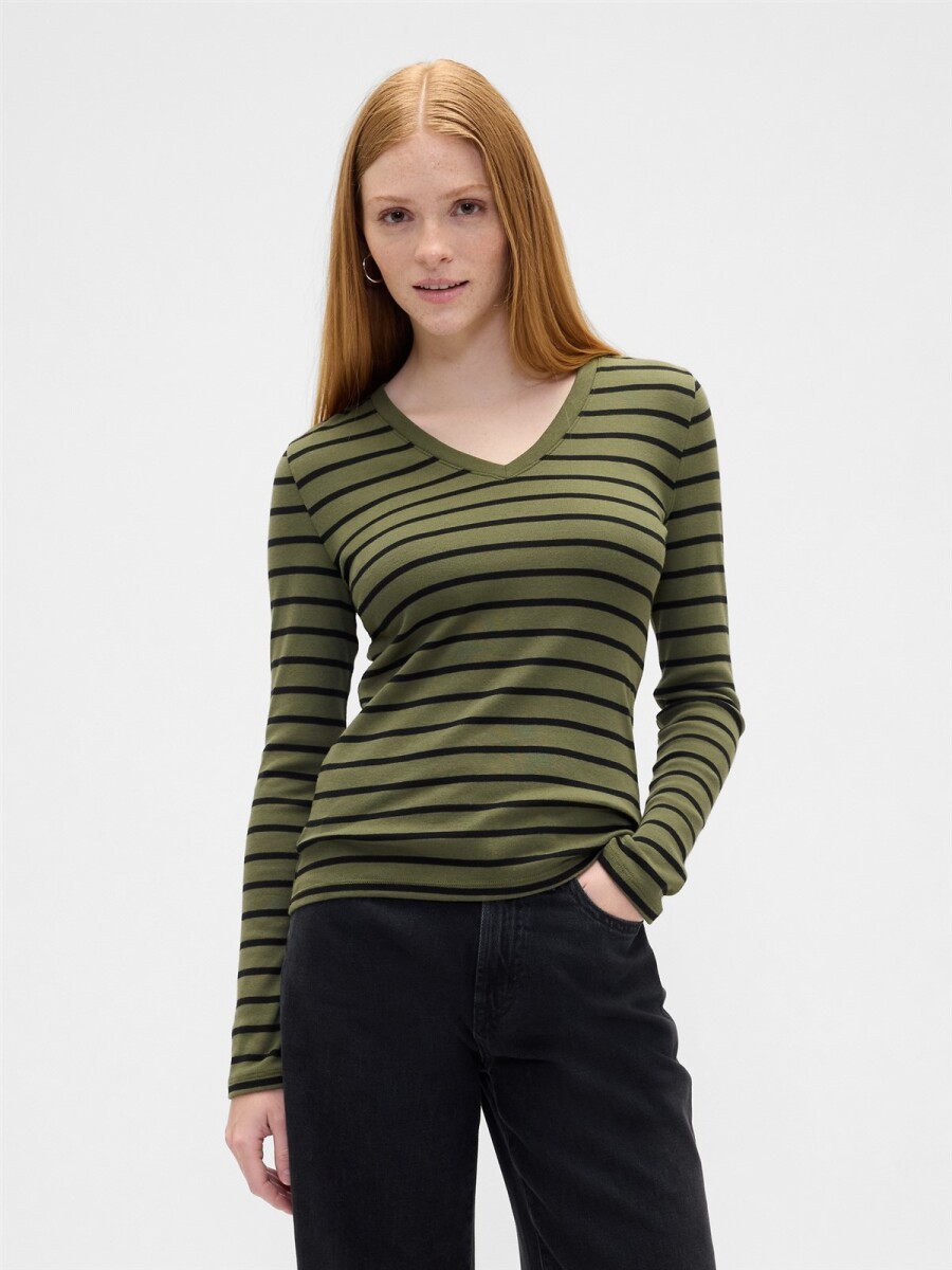 Remera A Rayas Cuello V Mujer - Olive Black Stripe 