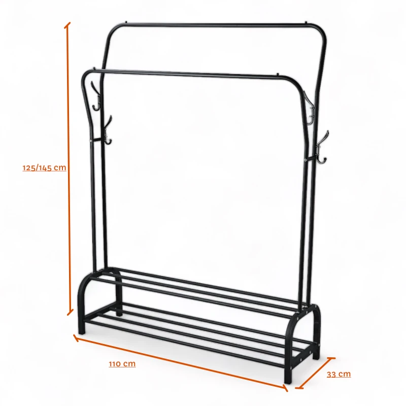 Perchero Organizador Metal Doble Con Zapatera Doble Negro