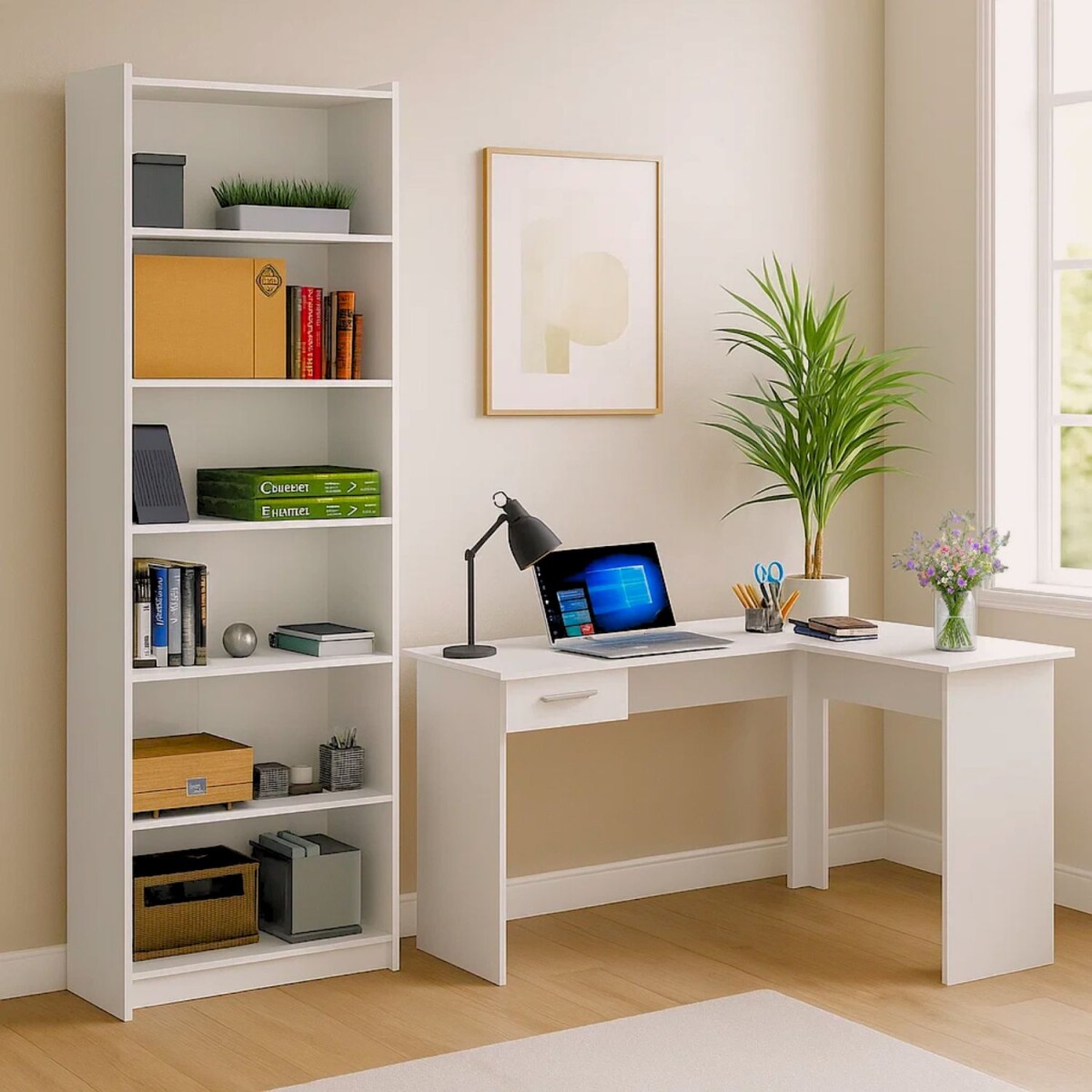Promo Escritorio Esquinero + Biblioteca 5 Estantes - Blanco 