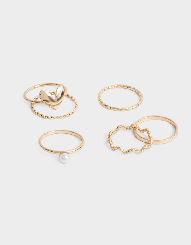 Sets Anillos De metal Set De Anillos Con Corazón Y Perlas - Dorado
