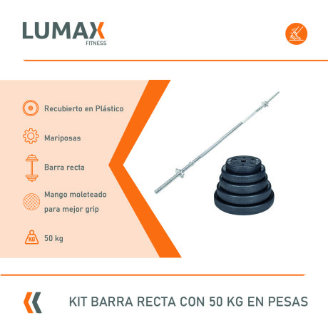 Kit fitness barra recta + 50 kgs 4x10Kg 2x5Kg