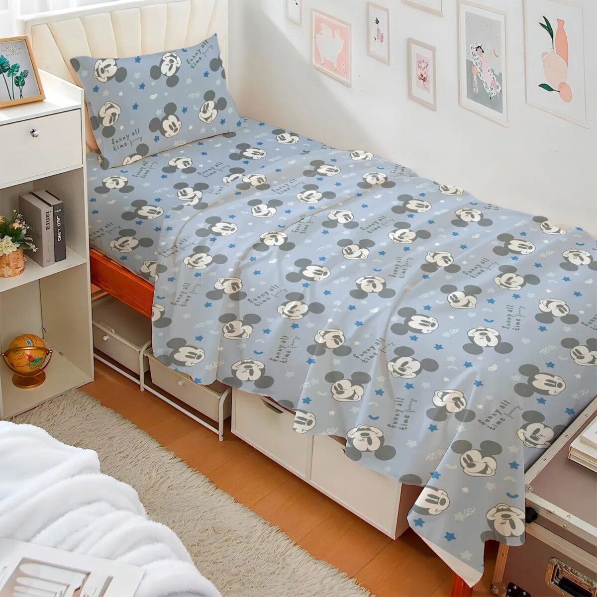 Juego De Sábanas 1 Plaza 130 Hilos 100% Algodón Stitch Para Cama Infantil - Mickey 