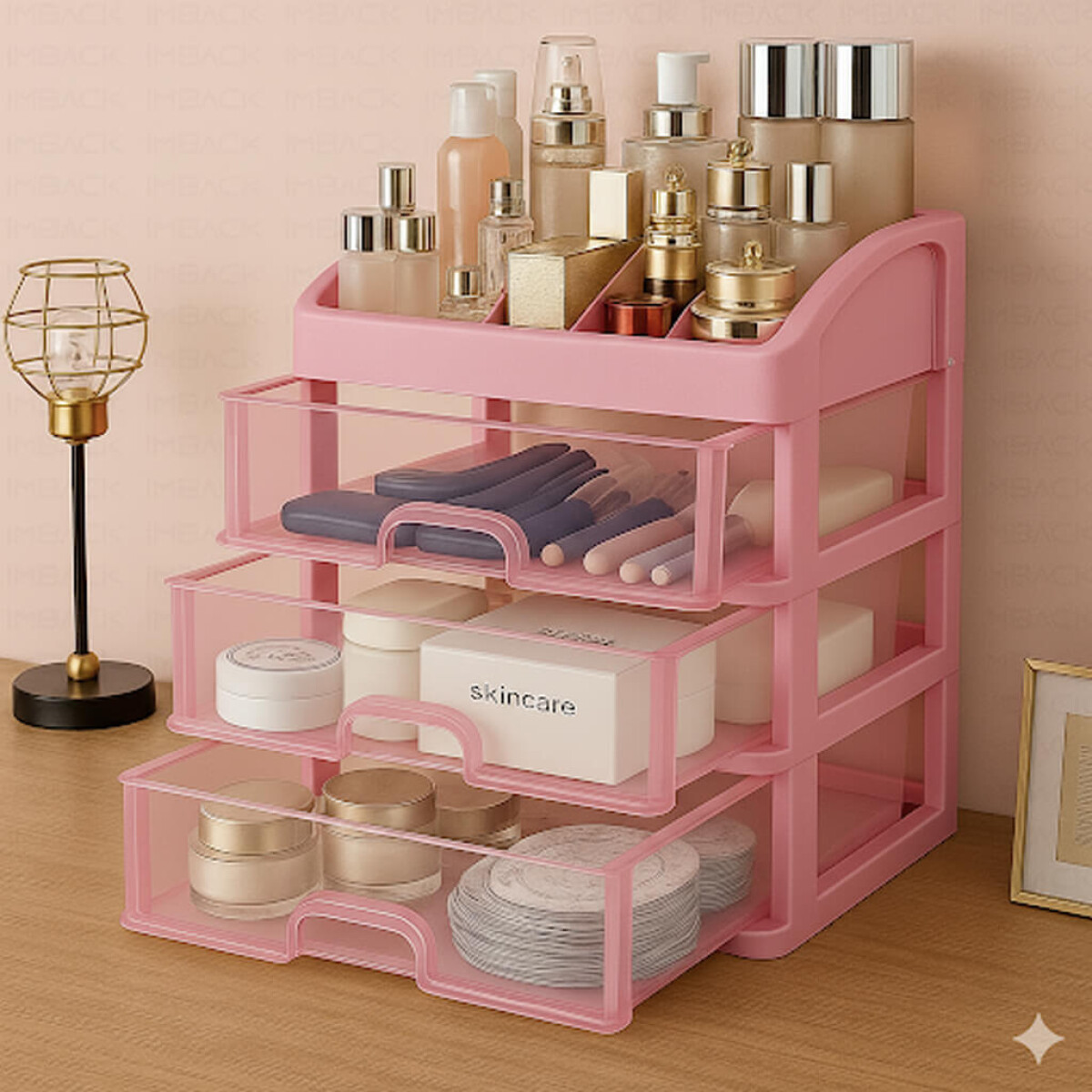 Organizador de Maquillaje Rosa IMBACK IBK-MAQ001 | 3 Cajones + Compartimentos | Diseño Compacto, Elegante y Multifunción 