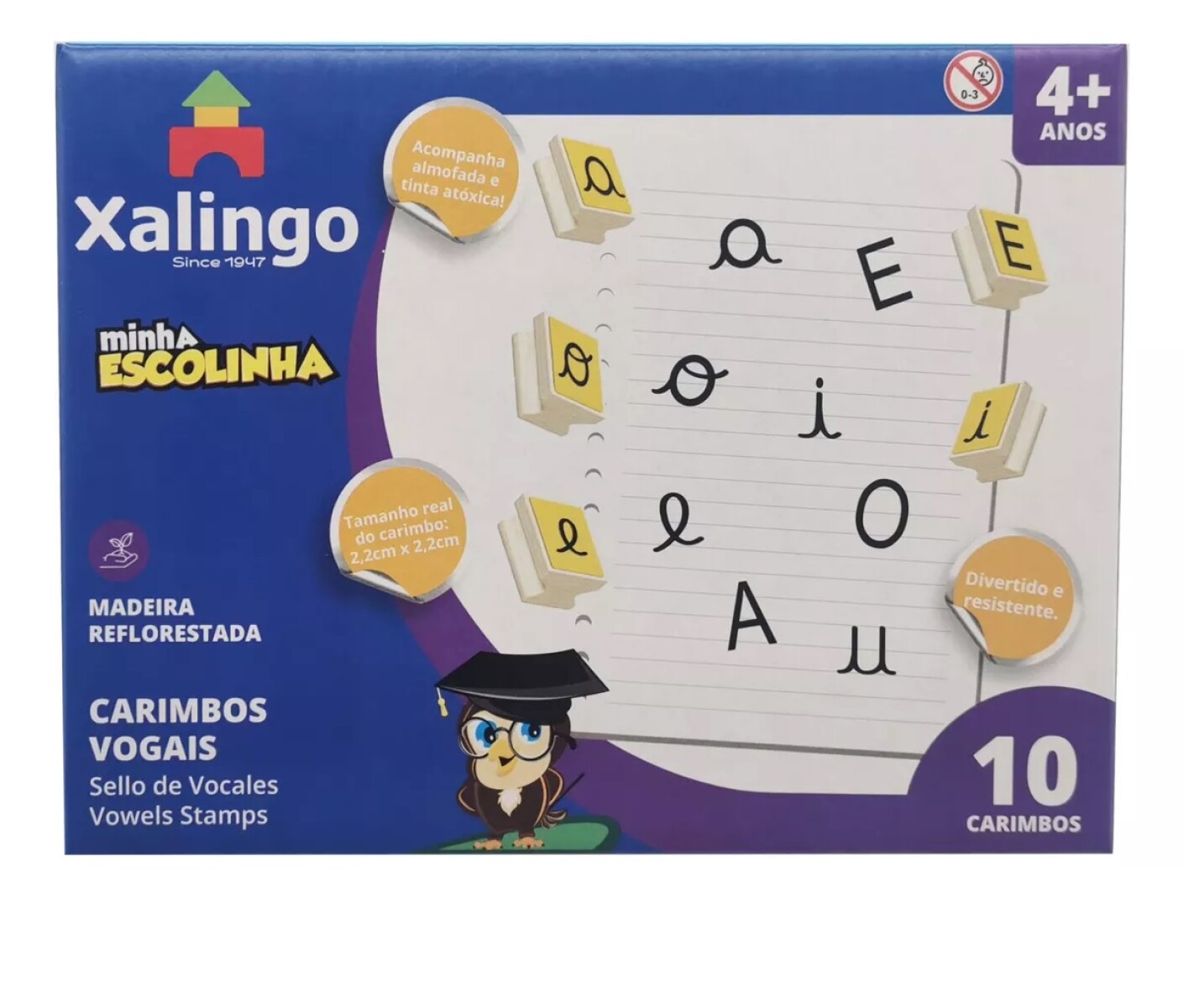 Sellos de letras vocales x10, XALINGO en caja 
