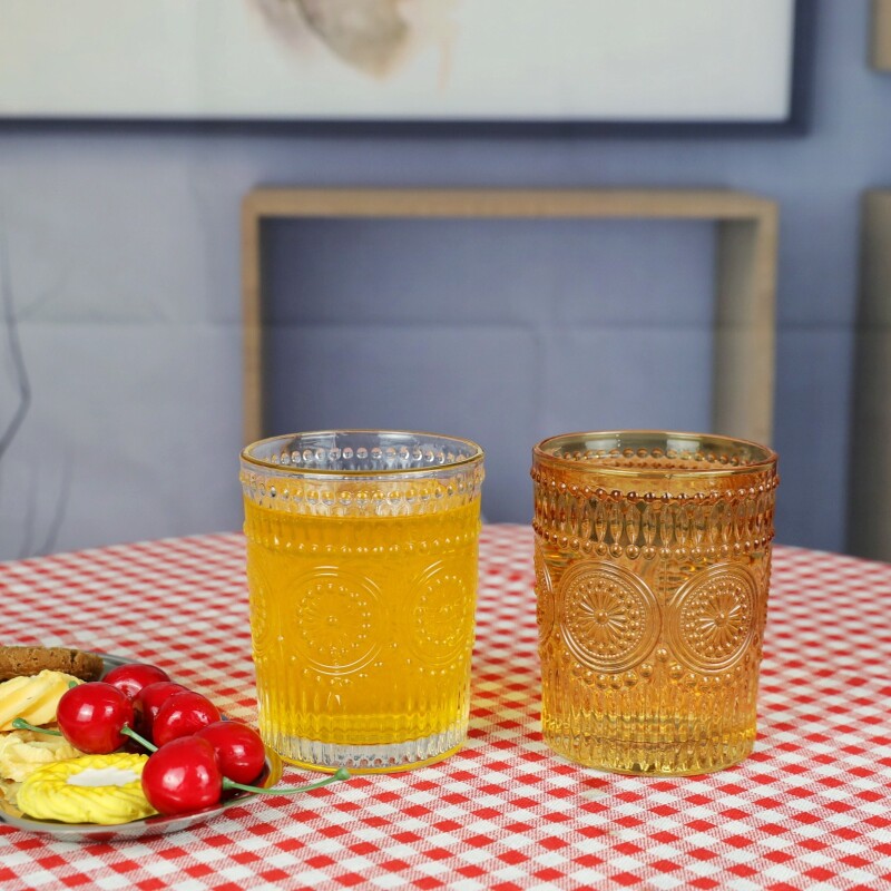 Vaso de Vidrio Labrado Corto Set 6 Unidades Dorado