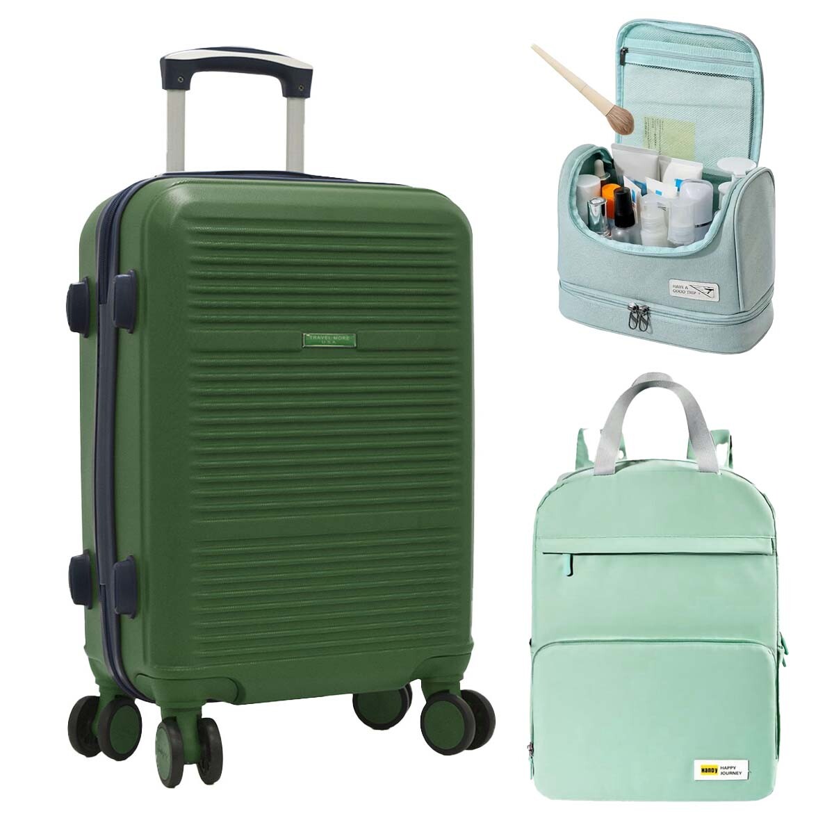Set Viaje Valija Rígida Mediana + Neceser + Mochila Plegable - Verde 