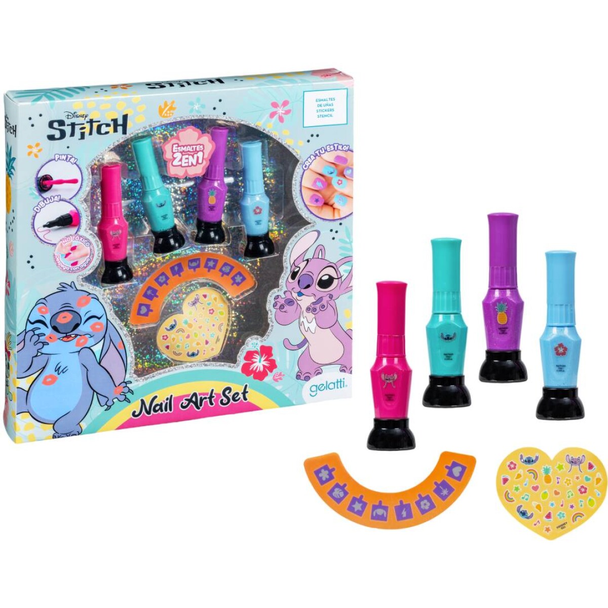 Set Disney 4 esmaltes + Uñas + Stencil + Stickers - Stitch 