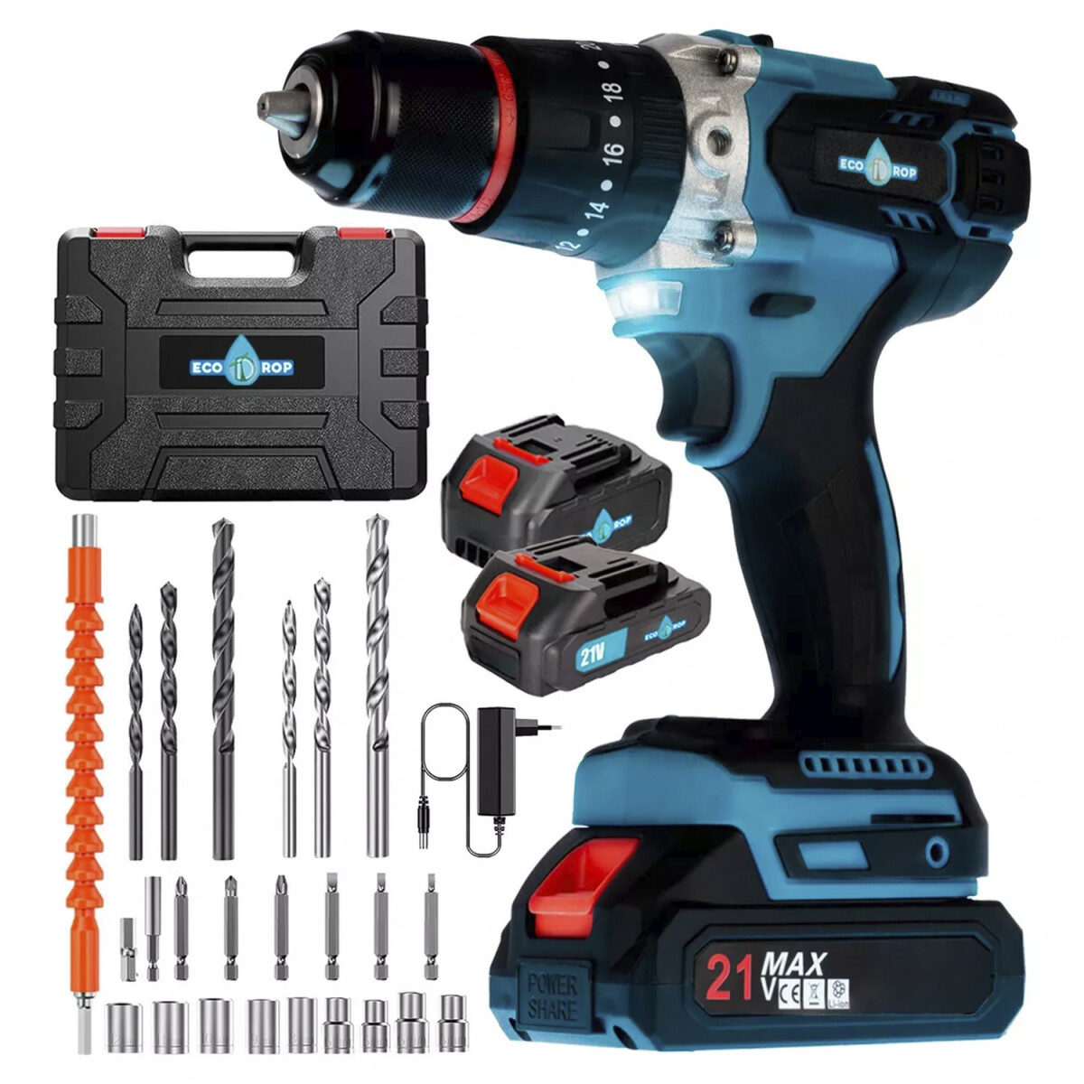 Taladro Atornillador Brushless EcoDrop con 2 Baterías y Accesorios 