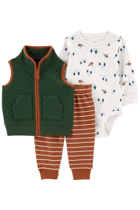 Set tres piezas de algodón, chaleco capitoneado, pantalón y body Set tres piezas de algodón, chaleco capitoneado, pantalón y body