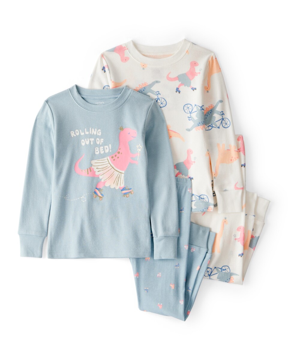 Pijama cuatro piezas de algodón, dos remeras manga larga y dos pantalones, diseño dinos 