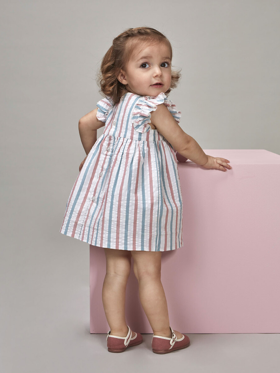 Vestido De Rayas Con Volantes En Mangas Azul Claro