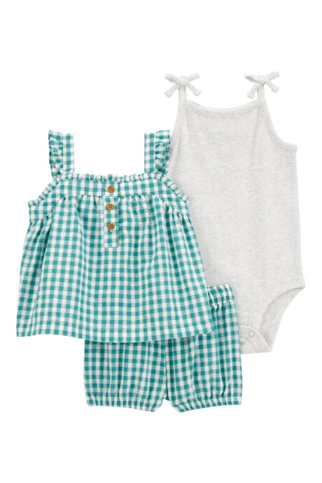 Set tres piezas de algodón, short, musculosa y body, diseño a cuadros Sin color