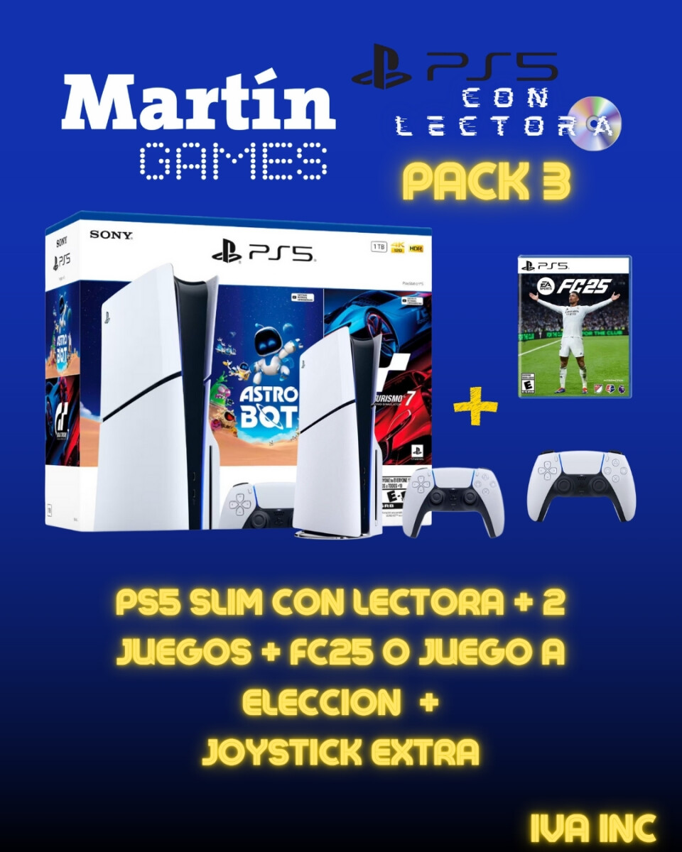 PS5 SLIM CON LECTORA + ASTROBOT + GRAN TURISMO 7 + FC 25 O JUEGO A ELECCIÓN + JOYSTICK ORIGINAL EXTRA 