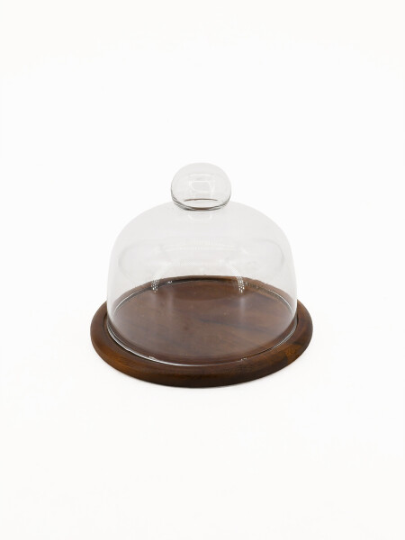 QUESERA CAMPANA DE VIDRIO Y BASE MADERA MARRON