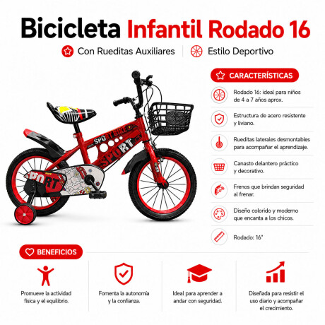 Bicicleta Infantil Rodado 16 C/Rueditas Aux Estilo Deportivo Rojo
