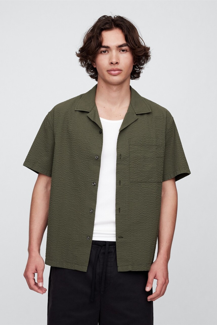 Camisa Manga Cora Seersucker Hombre Army Jacket Green