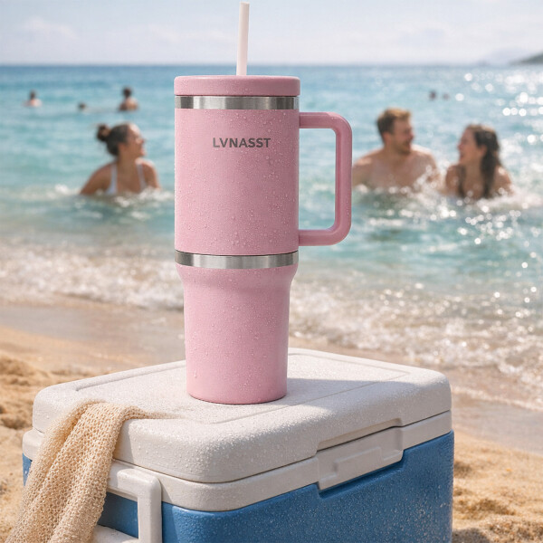 Vaso Térmico Acero inoxidable Doble 890ml + 295ml C/pajita Color Rosa