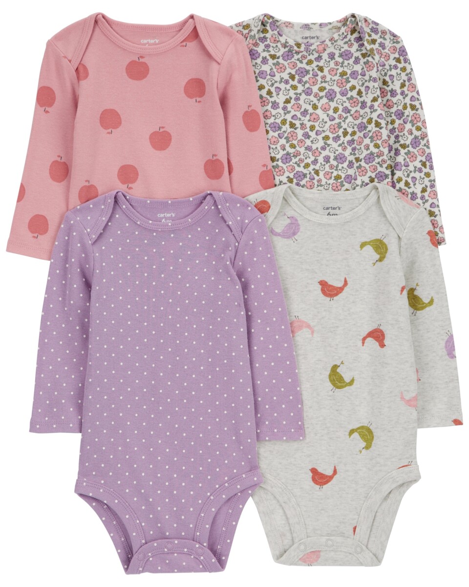 Pack cuatro bodies de algodón, manga larga, estampados 