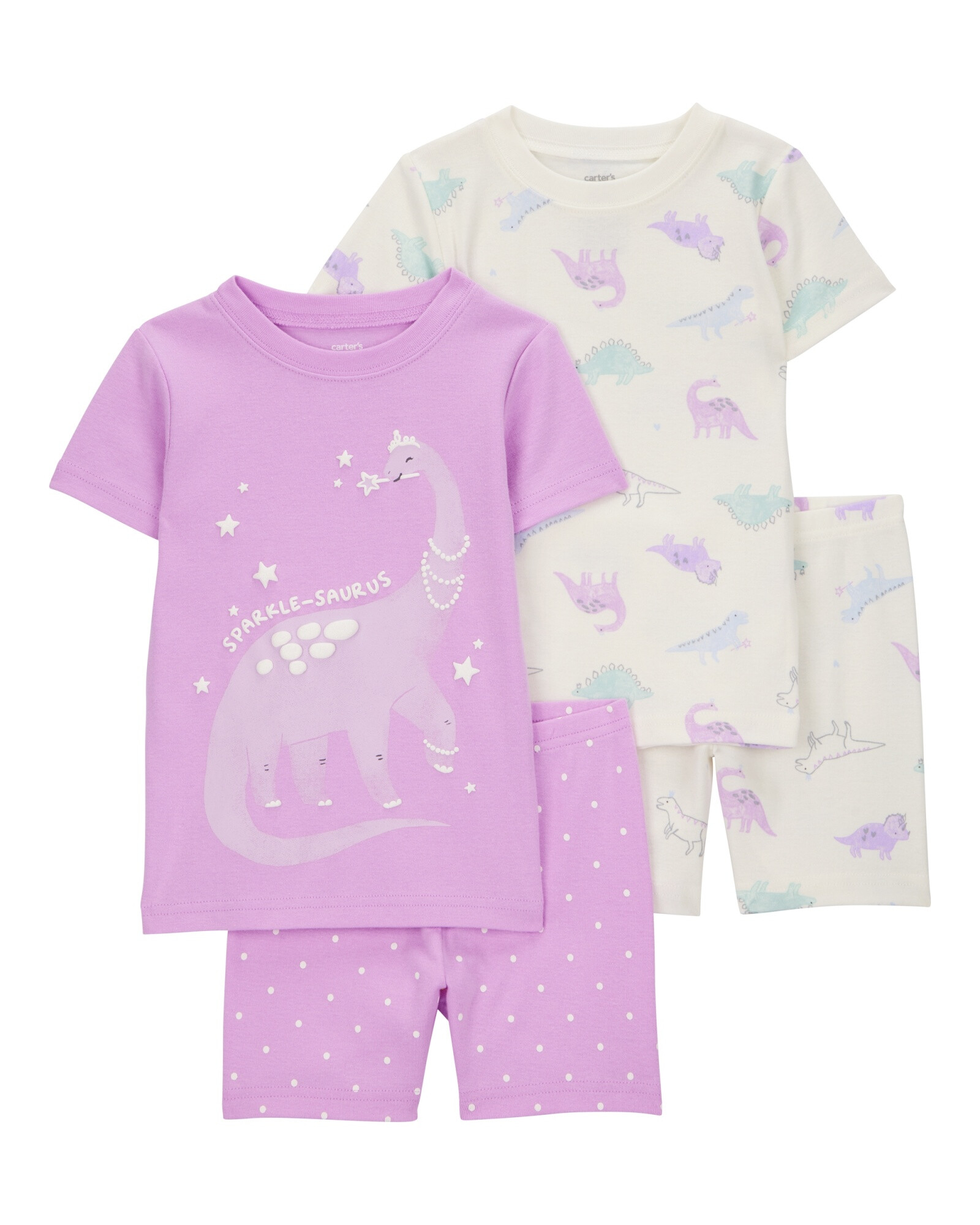 Pijama cuatro piezas de algodón, dos bermudas y dos remeras, diseño dinos Sin color