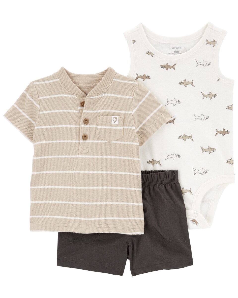 Set tres piezas de algodón, short, remera henley y body diseño tiburones 