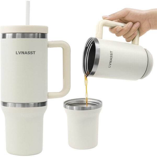 Vaso Térmico Acero inoxidable Doble 890ml + 295ml C/pajita Color Blanco