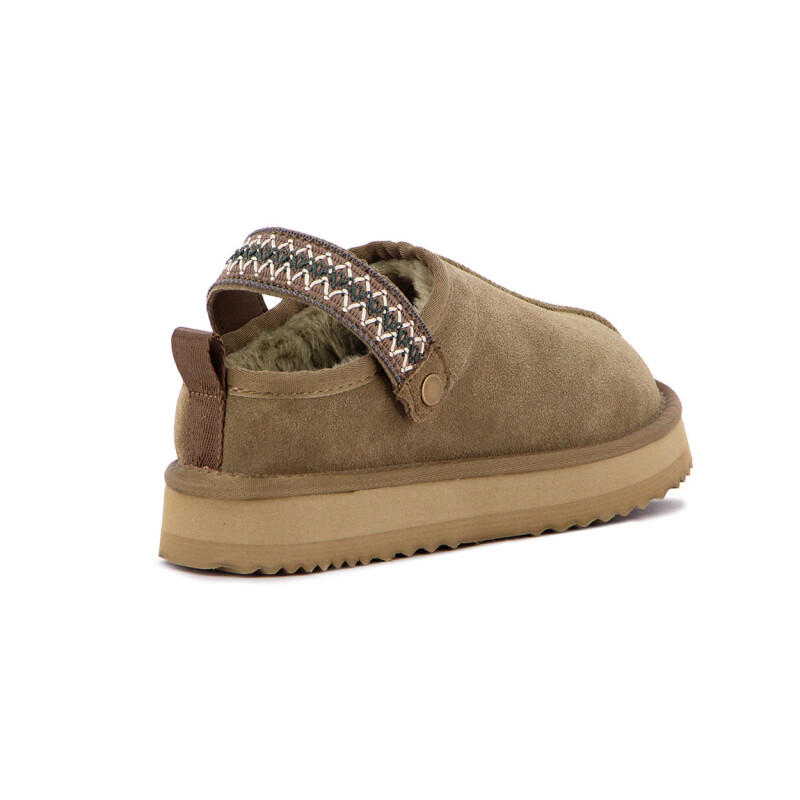 Country Zapato Pantufla Cuero / Peluche - Dama - Kaki Kaki