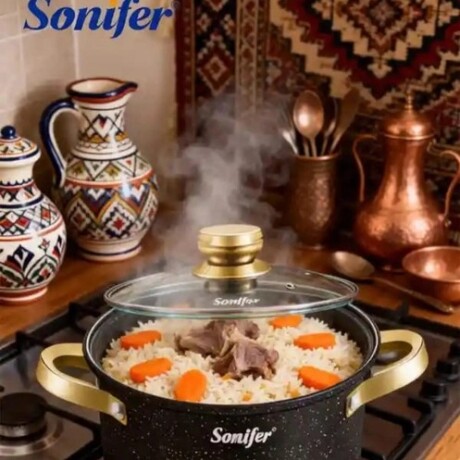 Batería De Cocina Sonifer Efecto Piedra C/tapa De Vidrio 6pc Negro