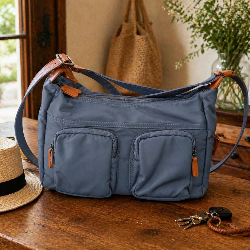 Bandolera Morral de Dama en Tela Impermeable Azul Piedra c/Suela