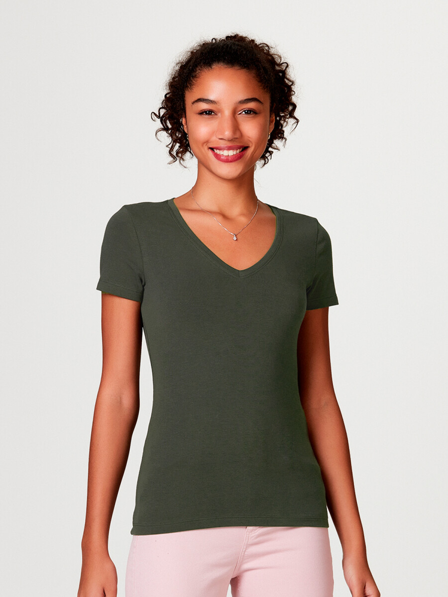 CAMISETA BÁSICA MANGA CORTA CUELLO EN V - VERDE OSCURO 