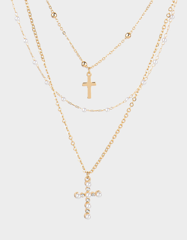Collares Cortos Con cruz Collar De Triple Cadena Con Cruces - Dorado