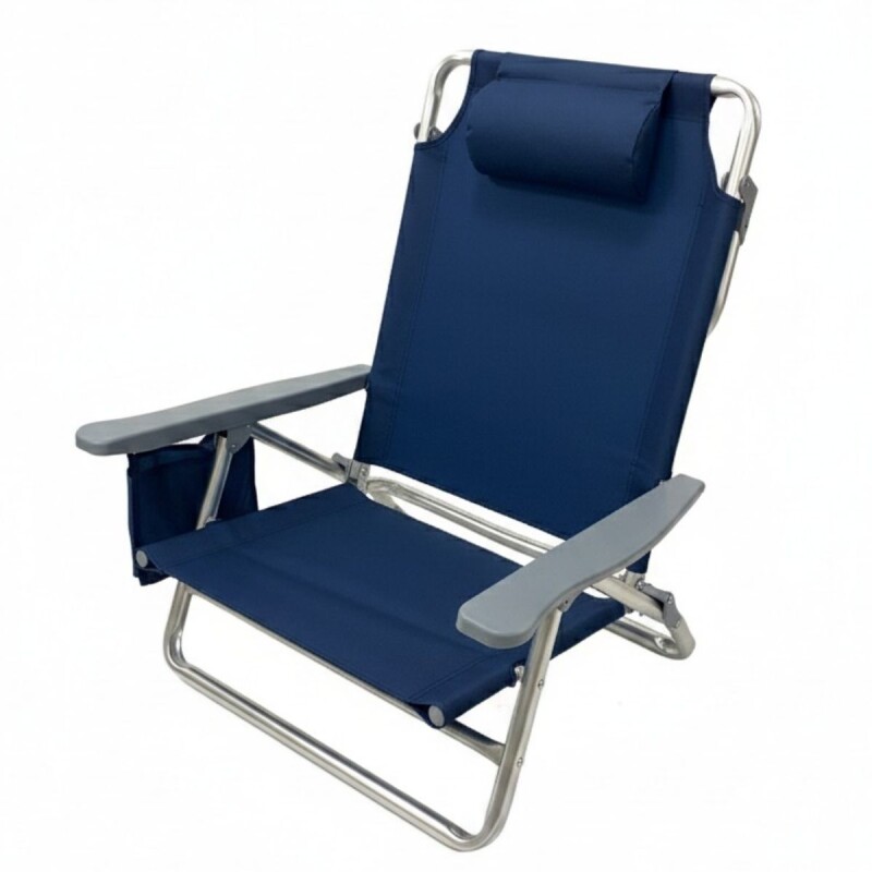 Reposera baja con posa brazo de plástico y bolsillo AZUL